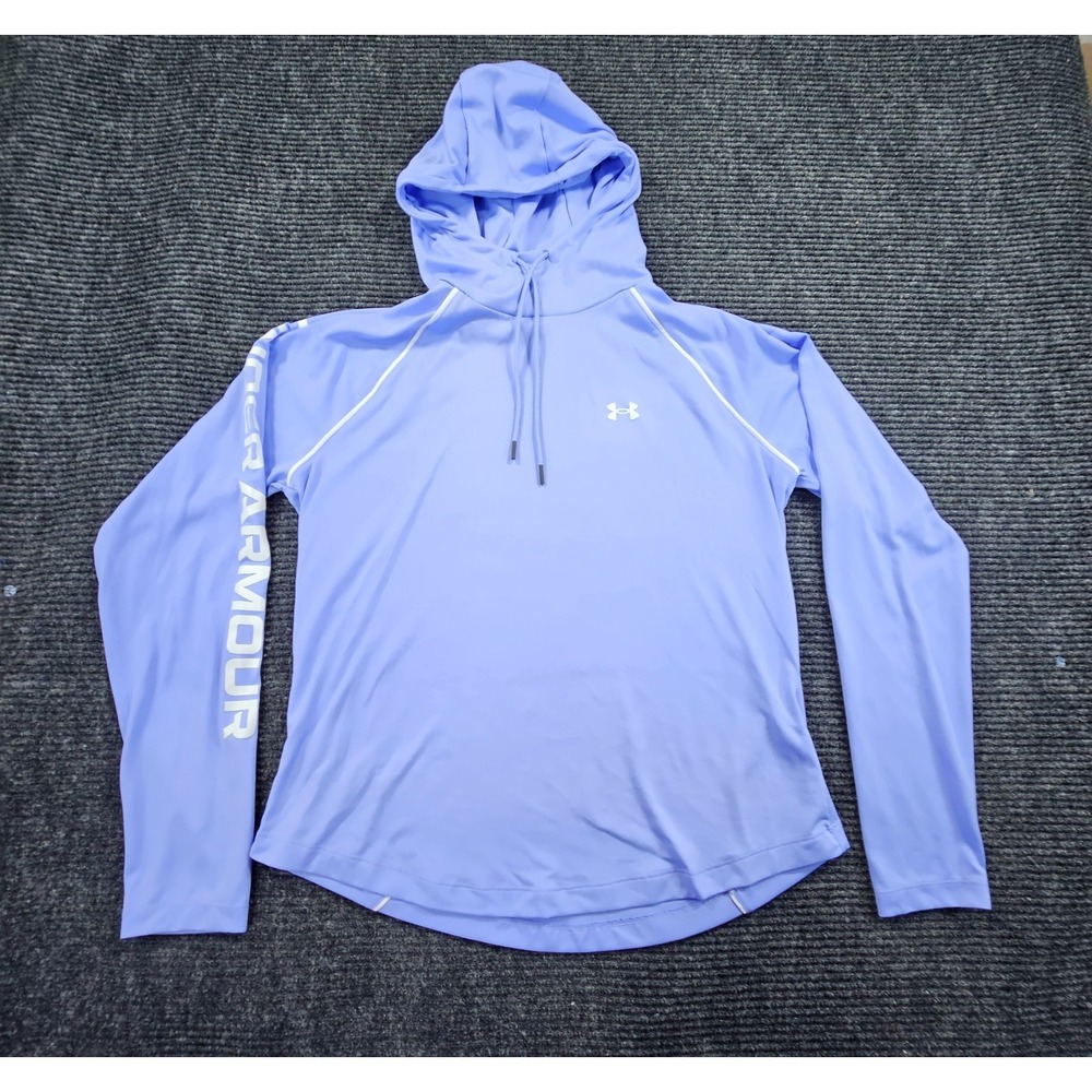 Under Armour Womens Large Blue HeatGear Hooded Shirt Training Raglan Sleeve